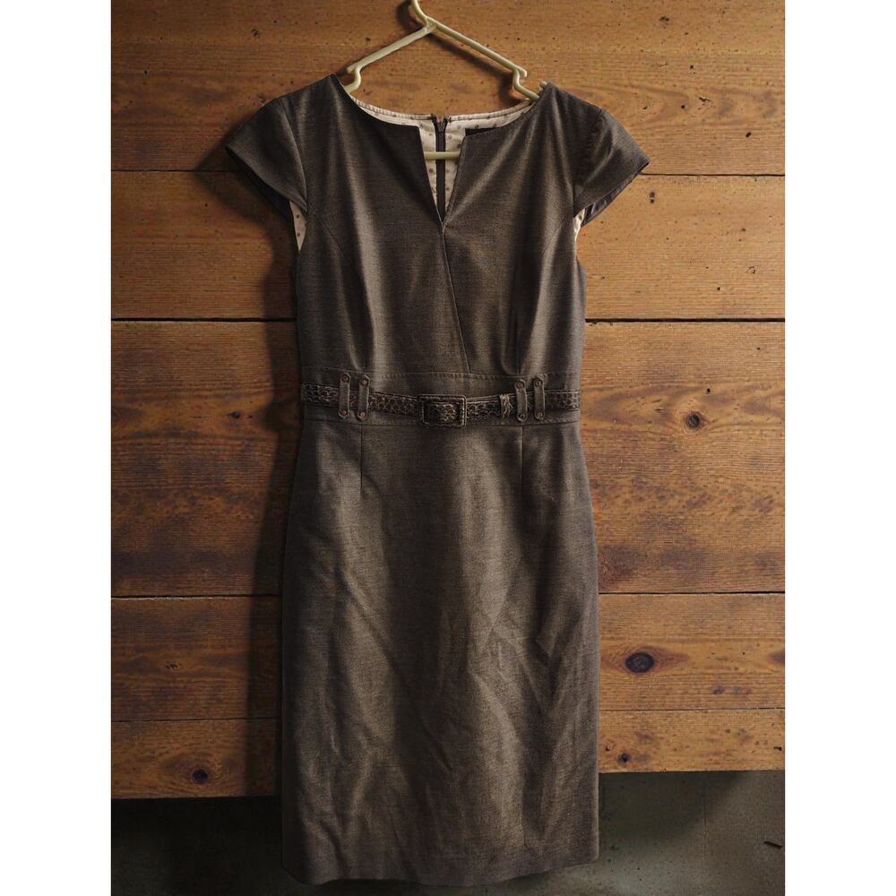 Tahari Sheath Dress 4 Brown Cap Sleeve Belted Career Office Lined